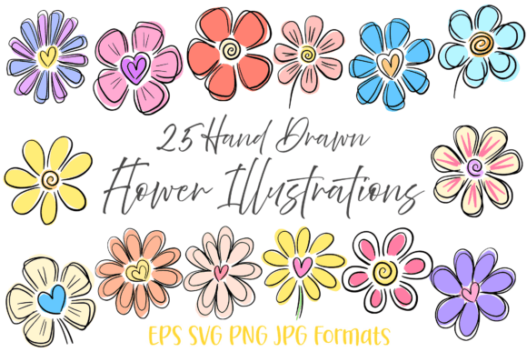 25 Heart Doodle Hand Drawn Flowers Flora for Creative Projects